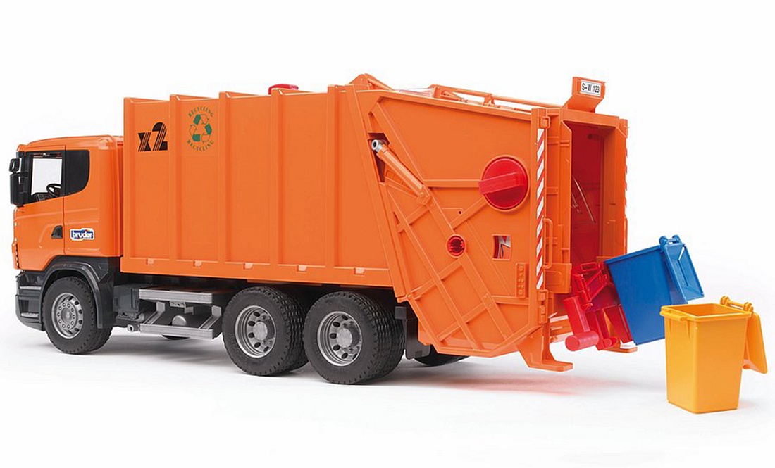 Patológico Penetración Bergantín Camión de la basura (naranja) de juguete Bruder SCANIA serie R - Juguetería  - Camión de la basura (naranja) de juguete