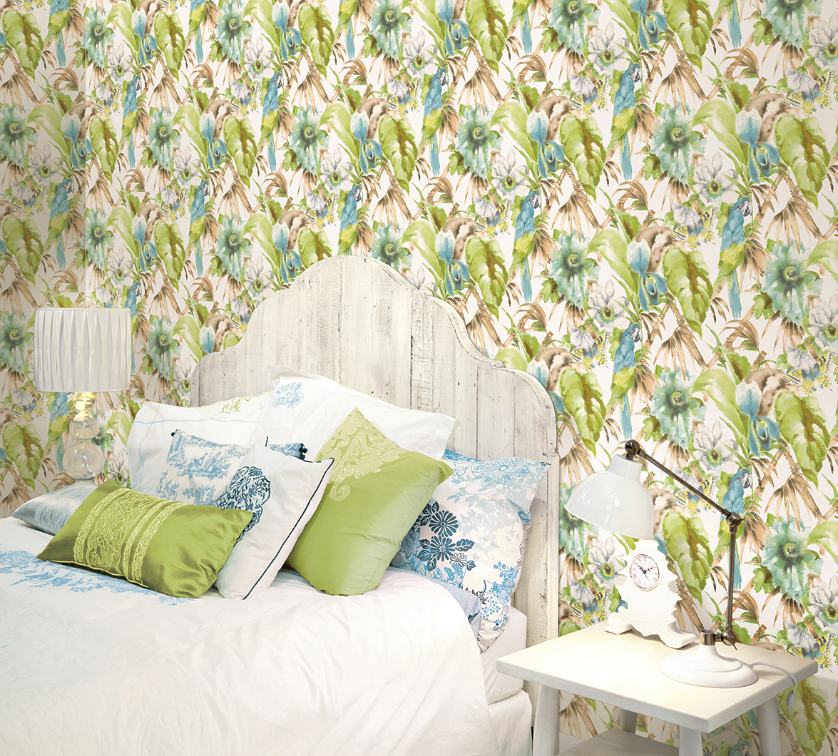 bedroom with aqua and green floral wallcovering
