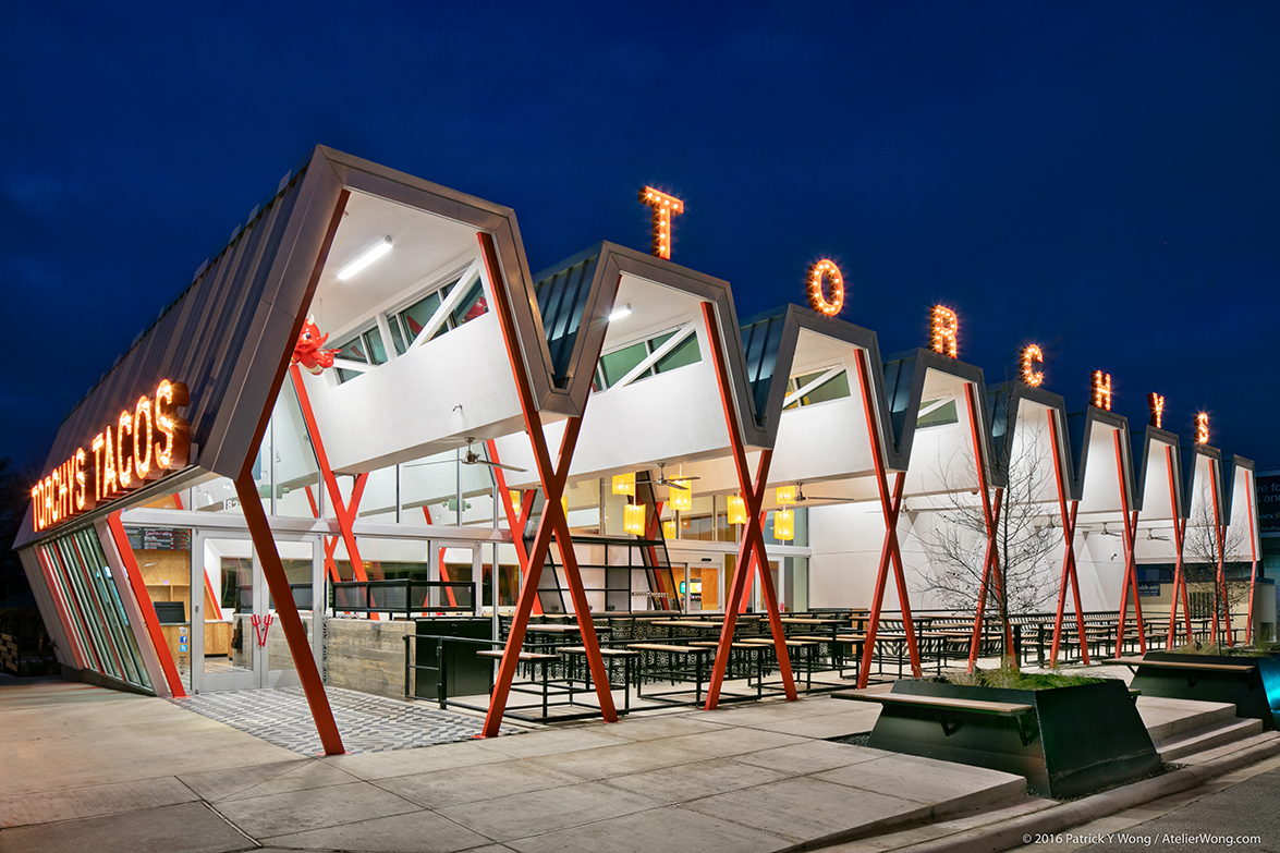 Torchy's Tacos on SoCo designed by Chioco Design with steel fabrication and construction by The Salinas Group.
