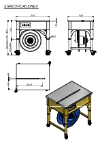 Plano tcnico con medidas de la flejadora semiautomtica de mesa.