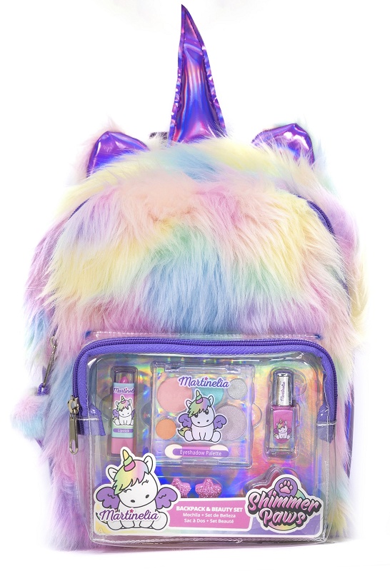Foto de Mochila de pelo sintético multicolor en forma de unicornio y bolsillo con maquillaje