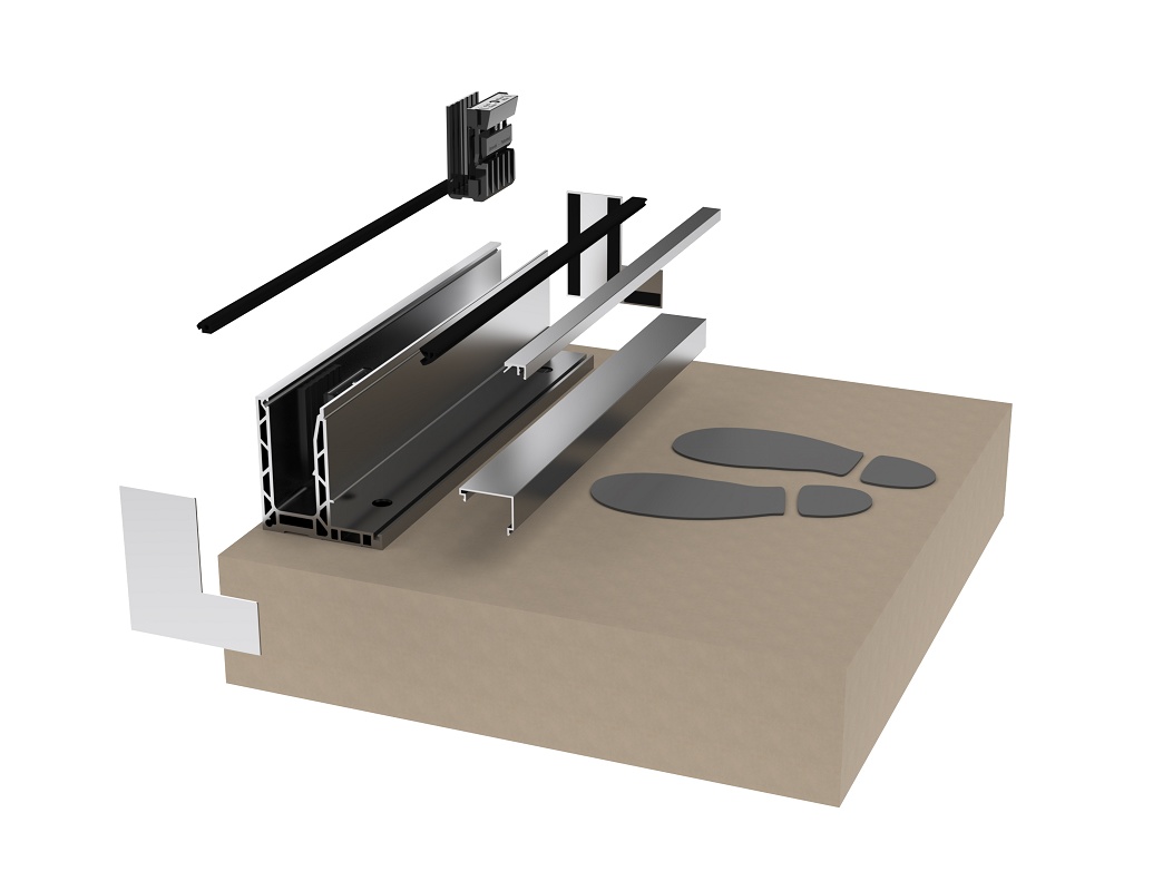 Foto dePerfiles para barandillas de vidrio con montaje a suelo desplazado