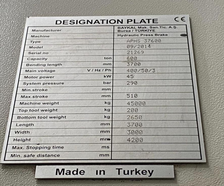 Baykal APHS CNC Pressbrake 3700 x 600 T 5453 = Mach4metal
