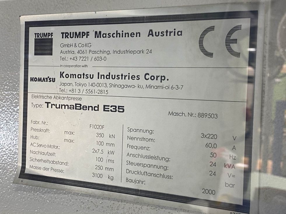 TRUMPF - TrumaBend E35 Servo Mechanical Pressbrake 1250 x 35 Ton 6327 = Mach4metal