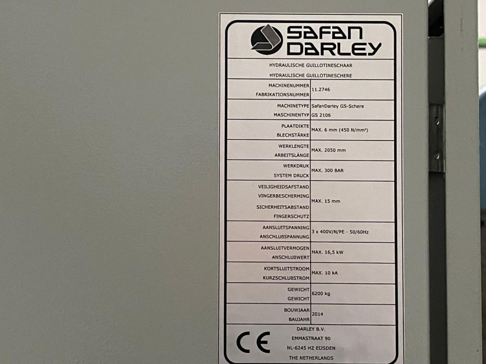Plate shear SAFAN DARLEY - GS 2106 CNC Guillotine 2100 x 6 mm 6509 = Mach4metal