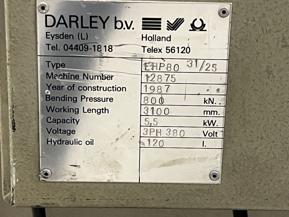 DARLEY - EHP 80 / 31 Hydraulic Pressbrake 3100 x 80 T 6892 = Mach4metal