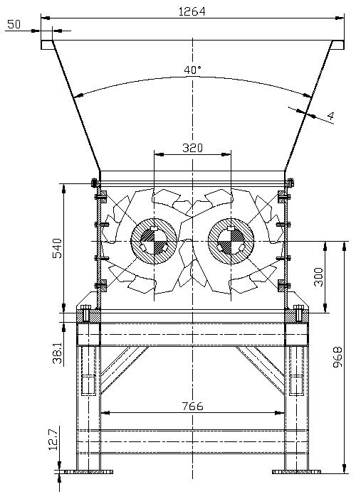 Triturador de dos ejes. Planos de las piezas y montaje.