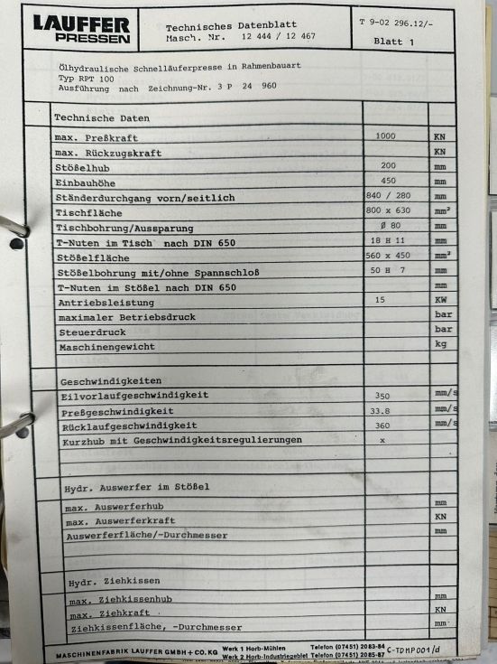 Hydraulic press Lauffer - RPT 100