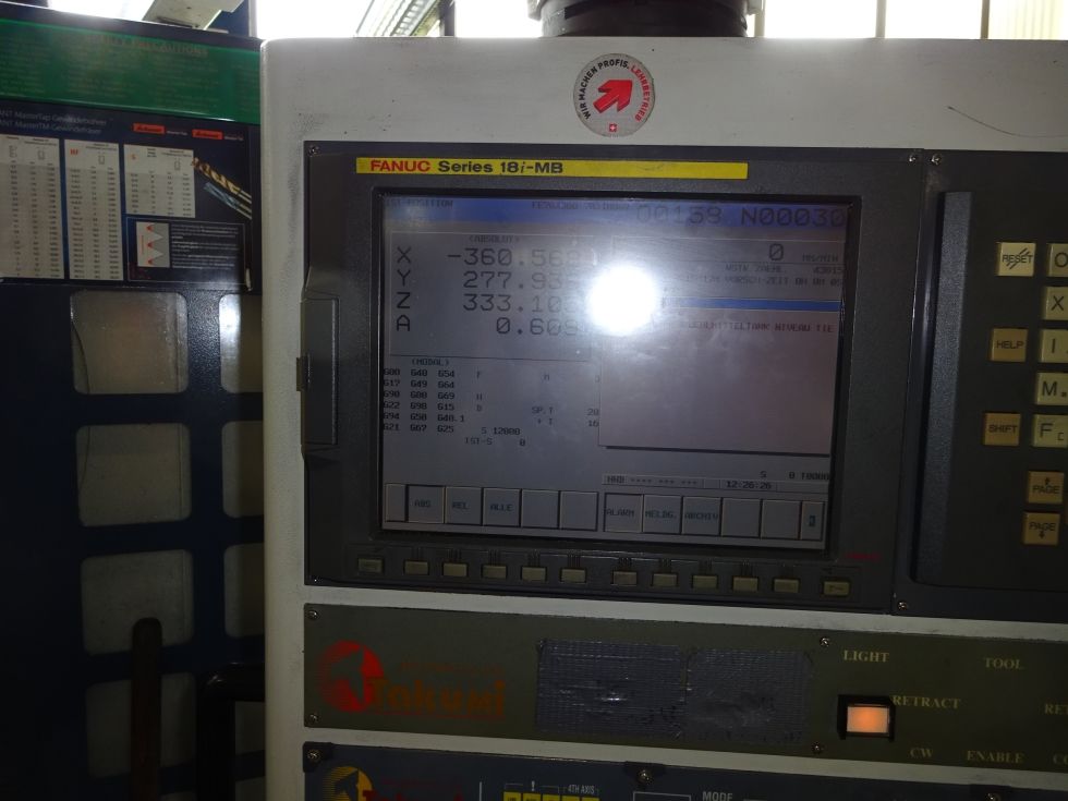 3-axis CNC machine (VMC) Takumi - V10 MACH-ID 7621 Make: Takumi Type: V10 Control: Fanuc 18i MB Year