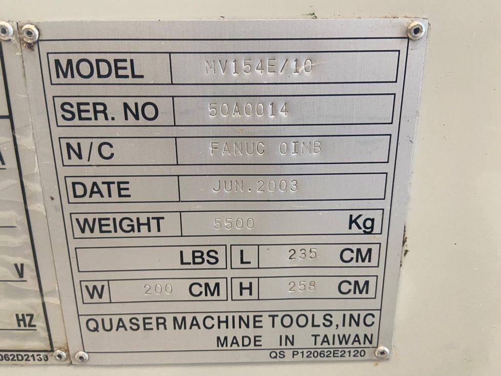 3-axis CNC machine (VMC) QUASER - MV 153 E MACH-ID 7619 Make: QUASER Type: MV 153 E Year: 2003