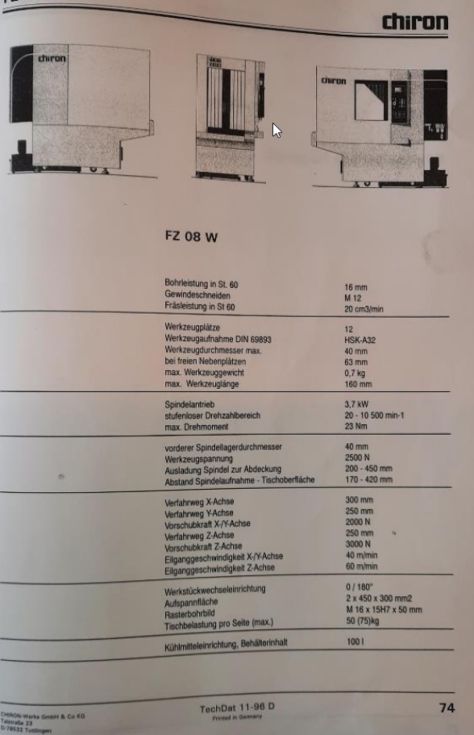 3-axis CNC machine (VMC) CHIRON - FZ08W MACH-ID 7652 Make: CHIRON Type: FZ08W Control: Fanuc 21-M Ye