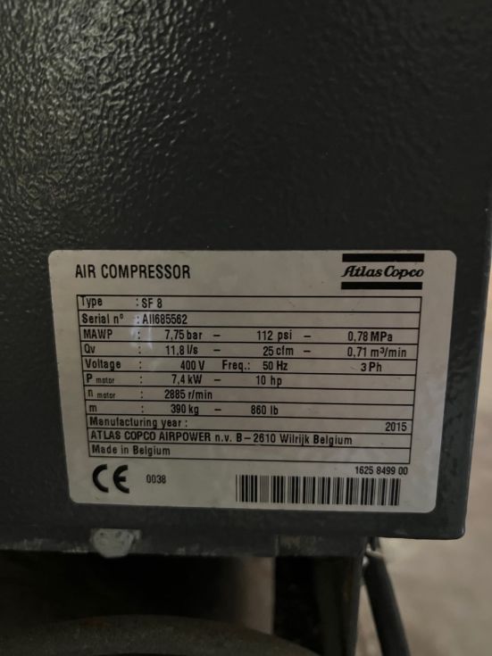Compresor de aire sin aceite atlas copco sf 8 11,8 ls de segunda mano