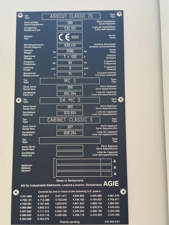 EDM machine Agie - Classic 2S MACH-ID 7628 Make: Agie Type: Classic 2S Year: 2001