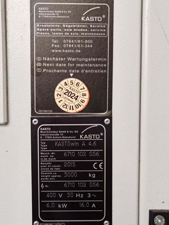 Band saw KASTO - Twin A4.6 MACH-ID 8712 Make: KASTO Type: Twin A4.6 Year: 2015