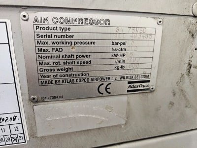 Compresor de tornillo ATLAS COPCO GA 75 VSD FF