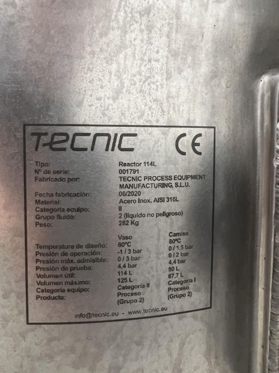 Reactor tecnic acero inoxidable 316l 125 litros con camisa y agitacion