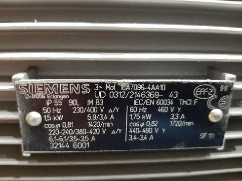 Motor trifásico SIEMENS tipo 1LA7 096-4AA10 - 1.5 kW