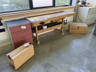 Planing bench with toolboxes and drawer cabinet