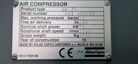 ATLAS COPCO GA 75 FF Screw Compressor