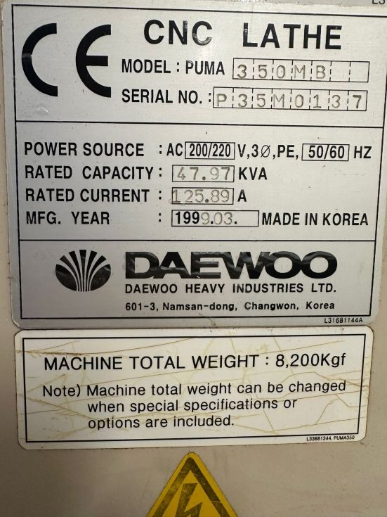 CNC Lathe with c-axis DAEWOO DOOSAN - 350 MB MACH-ID 8867 Make: DAEWOO DOOSAN Type: 350 MB Control: