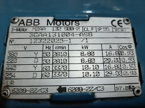 MOTOR ABB TRIF.SERVICIO MARINO  8.8KW.11.9CV. 3000 RPM. 220/380V. 50HZ.