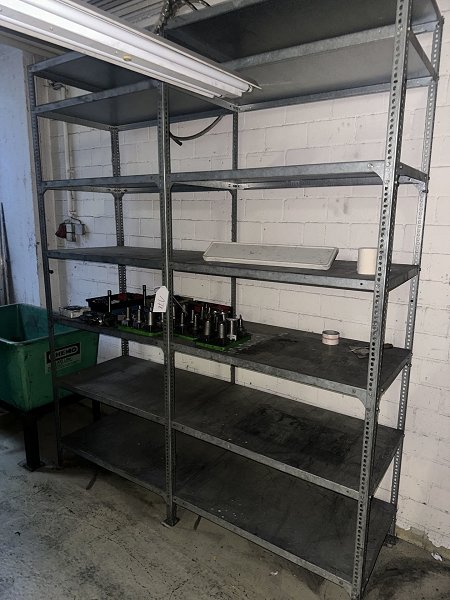 Workshop shelving with contents