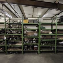 Workshop shelving with contents