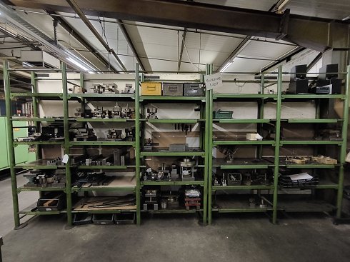 Workshop shelving with contents