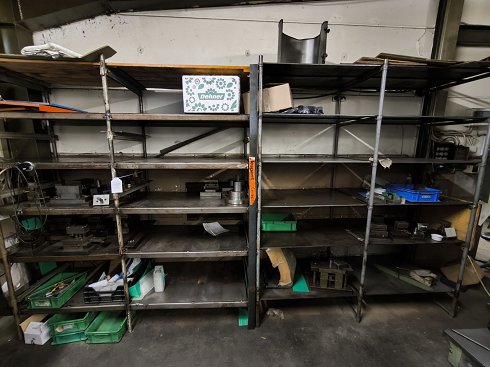 Workshop shelving with contents