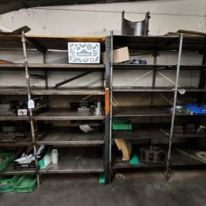 Workshop shelving with contents