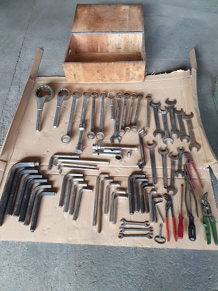 Wooden box with hand tools