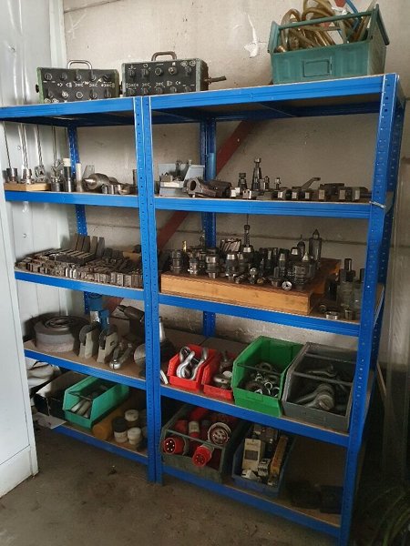 2x workshop shelves with contents