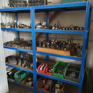 2x workshop shelves with contents