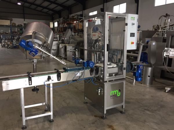 Maquina enroscadora de tapones con alimentador en acero inoxidable