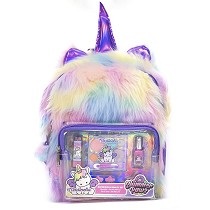 Mochila de pelo sinttico multicolor en forma de unicornio y bolsillo con maquillaje