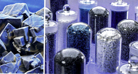 A la izquierda los cristales MOF, que desarrolla BASF. A La derecha MOF cristalizados de diferentes tamaos para almacenar gas natural...
