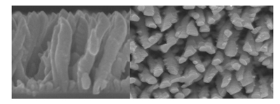 Vista lateral y cenital de las nanocolumnas de titanio del recubrimiento para implantes seos. (Foto: CSIC)