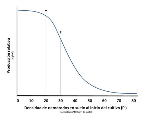 Figura 3. Relacin entre las densidades crecientes de nematodos fitoparsitos al inicio del cultivo y la produccin relativa. T: Limite de tolerancia...