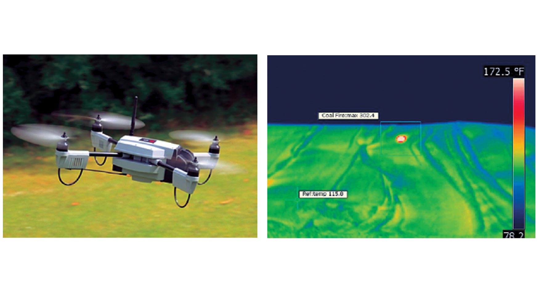 Figura 11. Aeronave con cmara termogrfica e imagen de infrarrojos captada en un acopio de carbn con una zona en autocombustin (FLIR)...