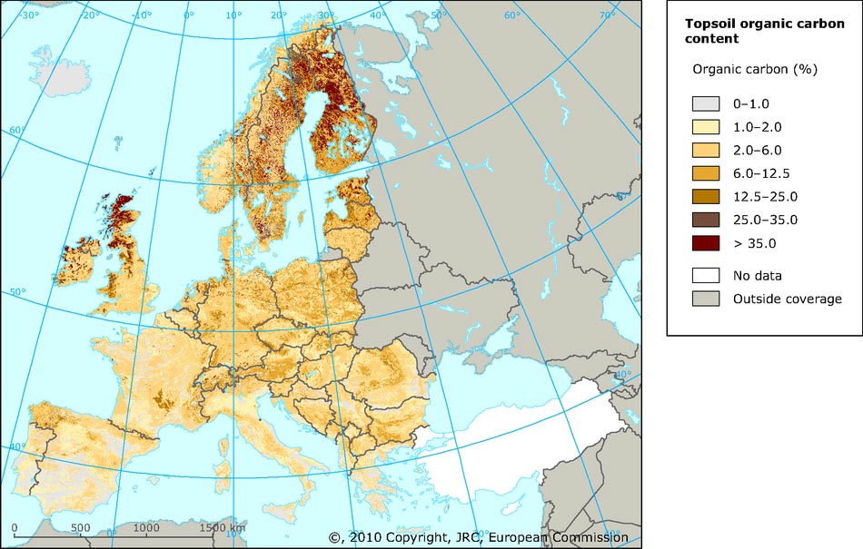 Figura 1. Contenido de carbono orgnico en los primeros 30 cm de suelo. Fuente: Joint Research Centre