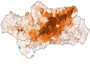 Figura 3. Superficie de olivar por municipios. Fuente: El Olivar andaluz