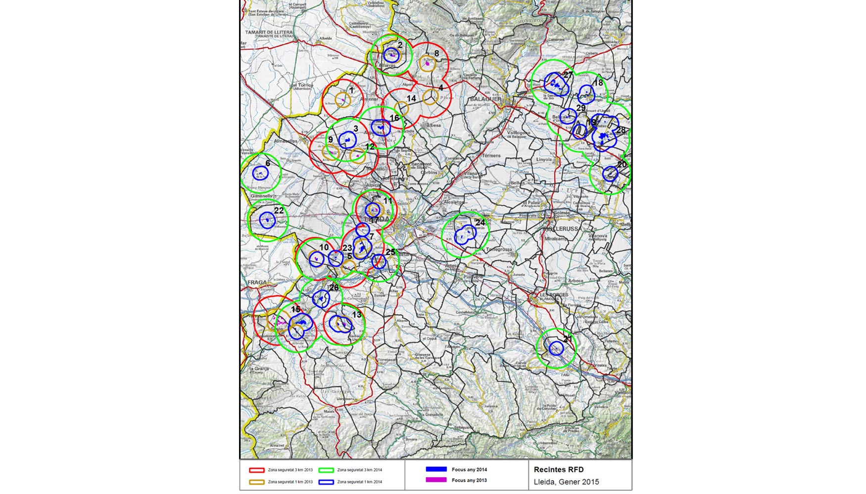 Figura 5: Localizacin de los focos de Fuego Bacteriano durante 2013 y 2014 en la zona frutcola de Lleida...