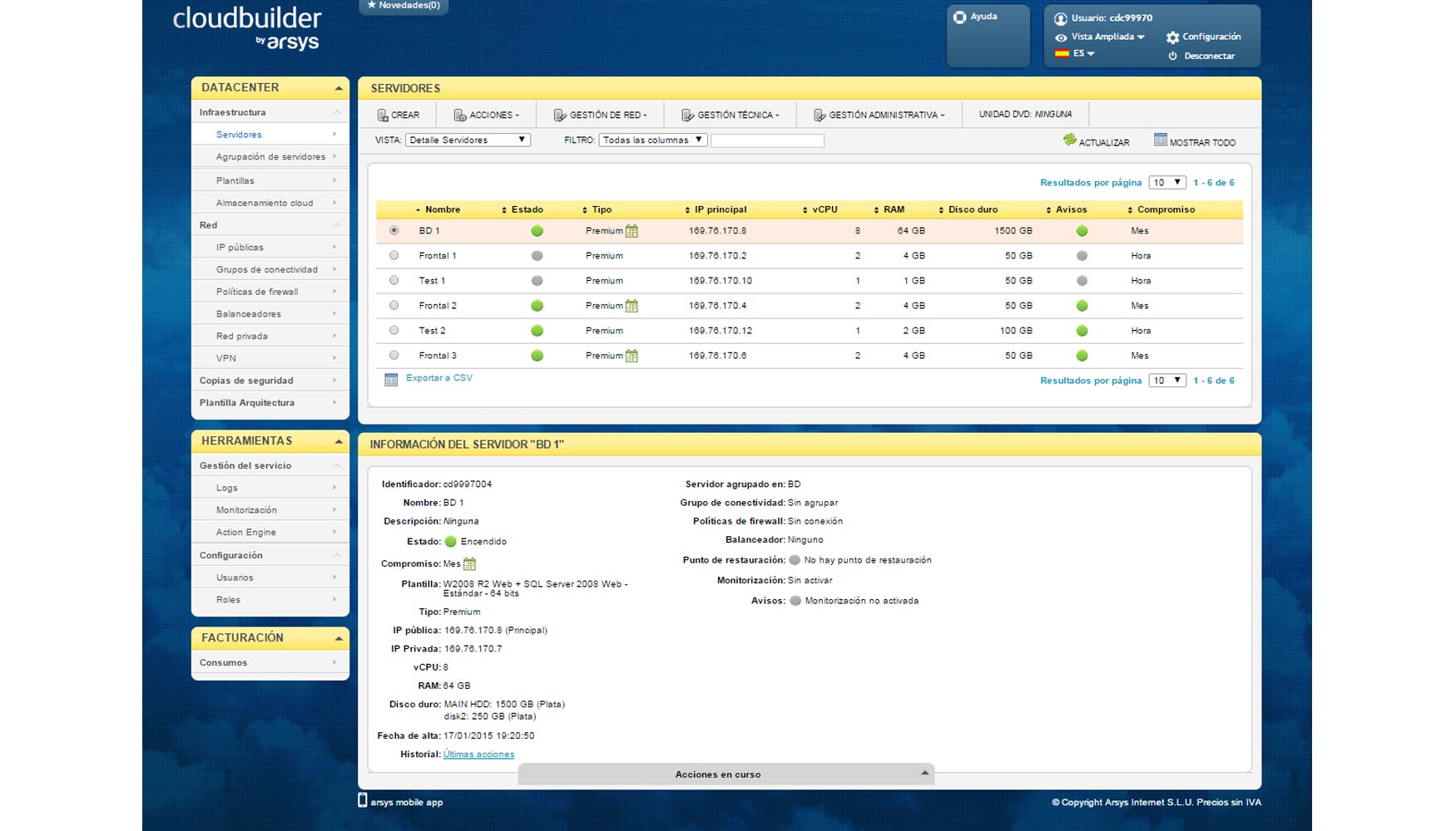 Panel de control de Cloud Builder, de Arsys