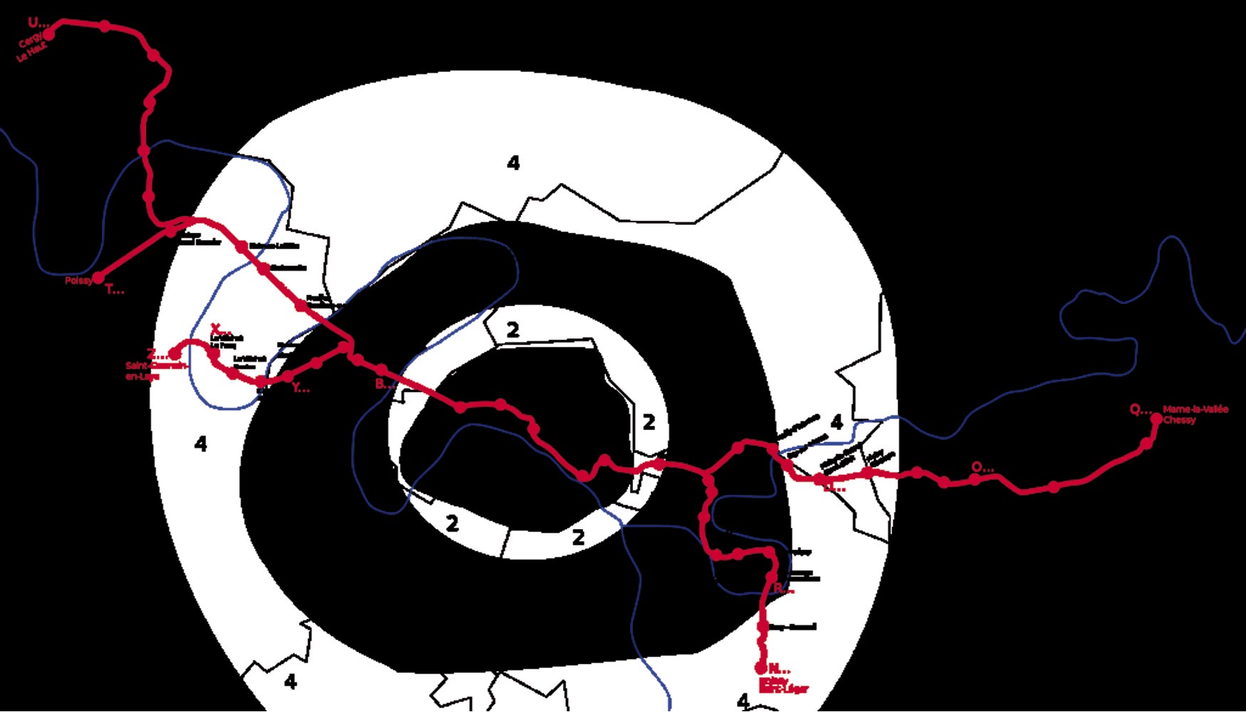 Plano geogr�fico del RER A, con sus coronas tarifarias, dibujado por Benoit Mortgat