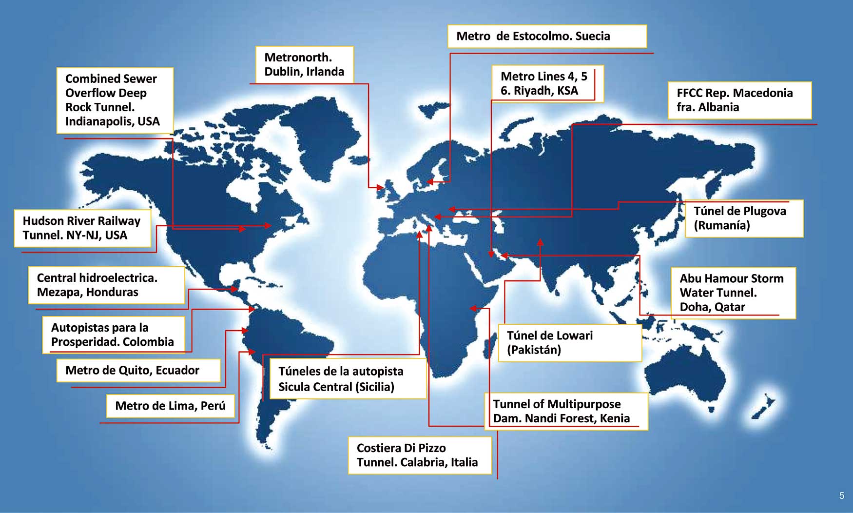 Mapa internacional de los principales proyectos participados por Typsa