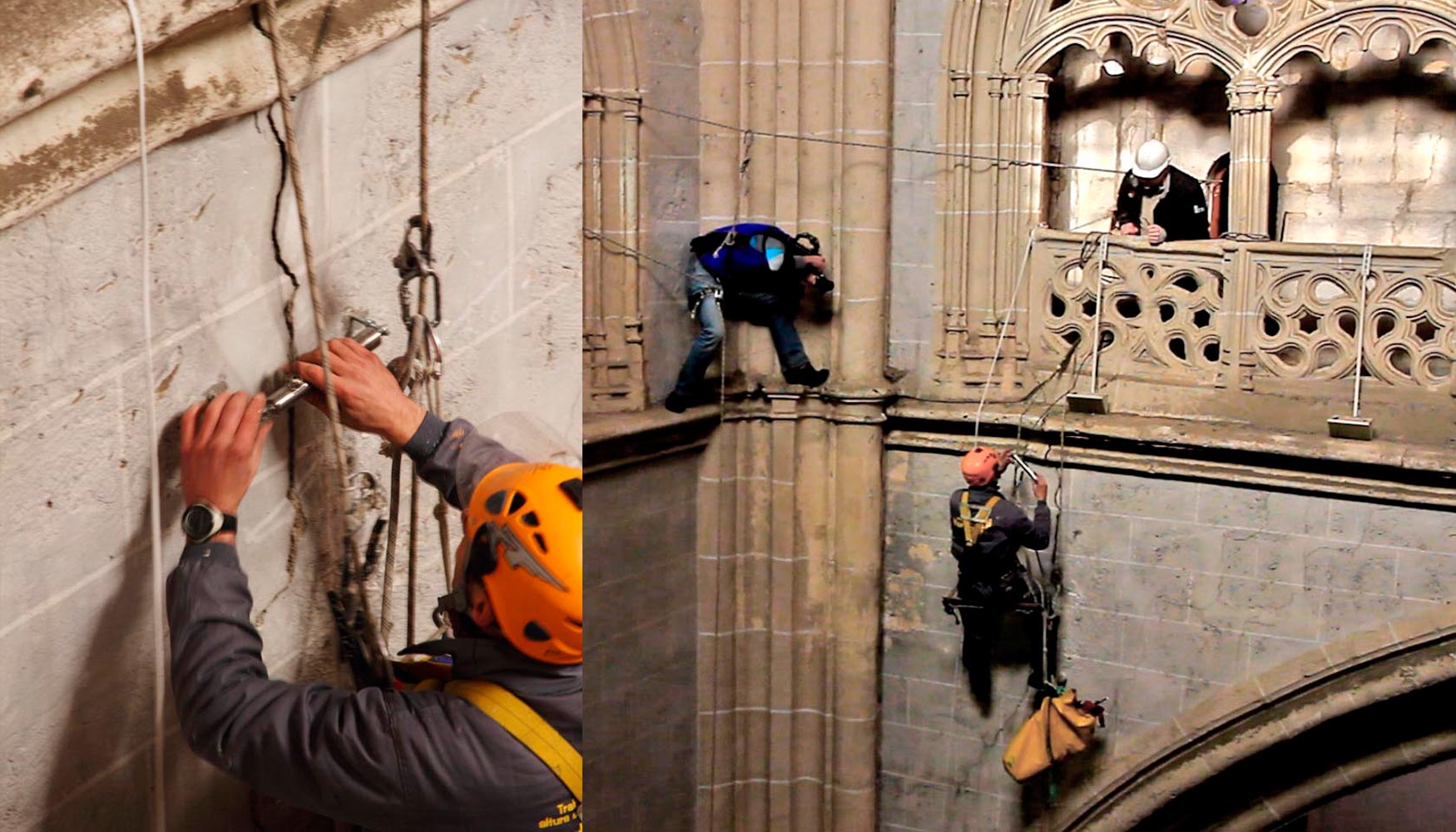 Un especialista durante la colocacin de un fisurmetro para detectar movimientos en la estructura de la Catedral de Palencia...