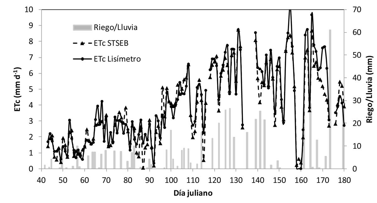 Figura 3. Evolucin de los valores estimados y medidos de ETc diaria para toda la campaa del trigo...