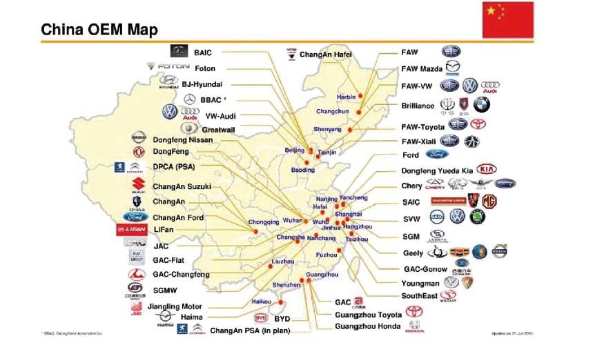 Mapa de la distribucin de las plantas de produccin de automviles en China