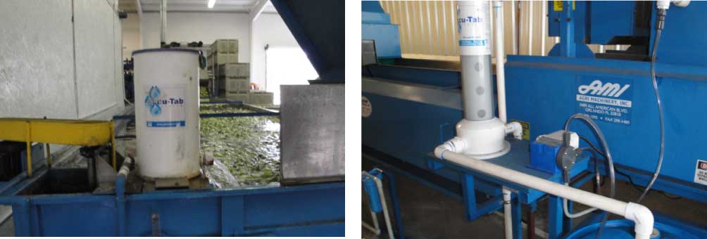 A la izquierda: El sistema Accu-Tab 3075 suministra hasta 1,14 kg de cloro por hora para el tanque de descarga...