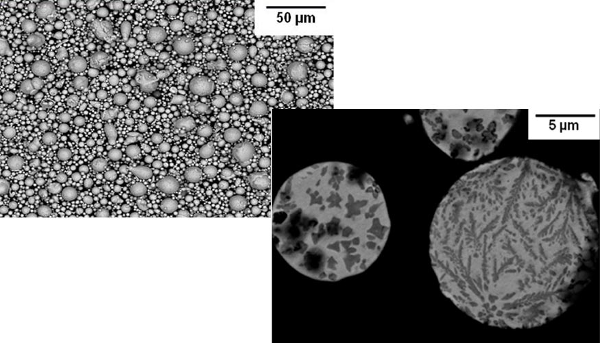 Figura 2. A la izquierda se muestra una magnificacin de las partculas atomizadas en gas y a la derecha el detalle de las partculas pulidas...